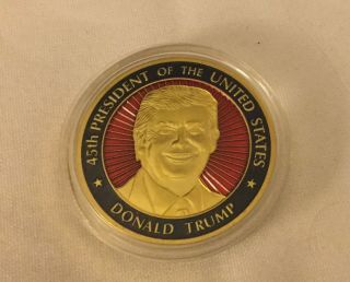TRUMP COIN CHALLENGE in WOOD BOX PRESIDENT INAUGURATION EAGLE SEAL GOLD ENAMEL 5