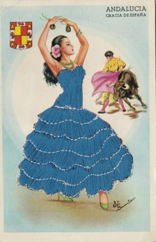 Spanish Women Dancing With Bull Fighter Silk Postcard 1950 