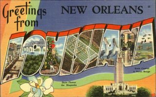 Greetings From Orleans Louisiana Large Letter Linen 1940s Sugar Bowl