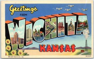 Wichita Kansas Large Letter Postcard - Oil Well Curteich Linen C1940s