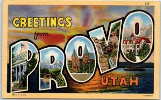 Provo Utah Large Letter Postcard W/ Great Salt Lake Sunset Scene Curteich Linen