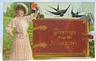 1910 Postcard " Greetings From The Philippines " Leather Book 8 Ident Views,  Girl