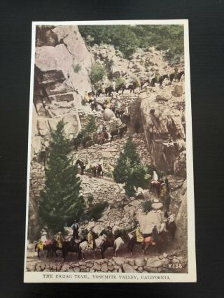 Early Postcard - - California - - Yosemite Valley - - The Zig Zag Trail Horses Climbing