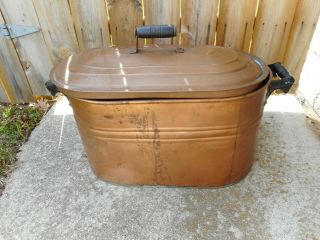 Vintage Large Copper Boiler With Lid And Wooden Handles -