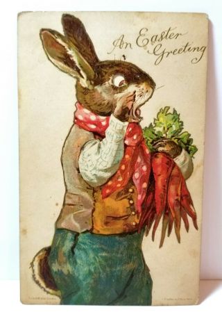 Rabbit With Carrots,  Mechanical Postcard By Ernest Nister " An Easter Greeting "