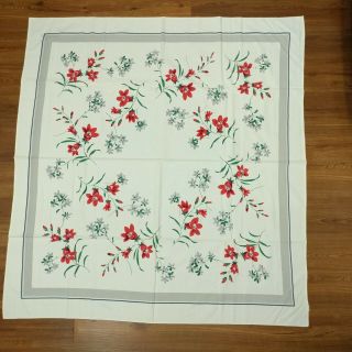Vintage Simtex White Gray Red Green Floral Printed Tablecloth 48 " By 52 "
