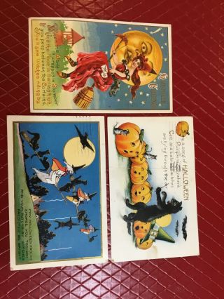 1931 Halloween Embossed Postcards Witches Jack O Lanterns