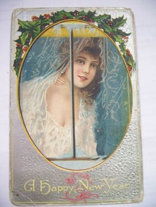 A Happy Year Postcard Young Woman Looking Out Window 1909 Ready For Bed Nr