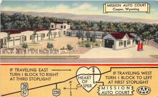 Casper Wyoming 1940s Postcard Mission Auto Court Motel Route To Yellowstone
