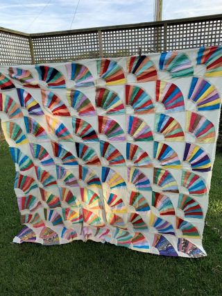 Vintage Hand Pieced Fan Pattern Quilt Top Set In Off White 6