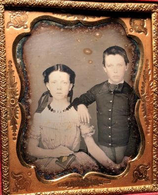 Daguerreotype Portrait Of A Brother & Sister Holding Hands C.  1850