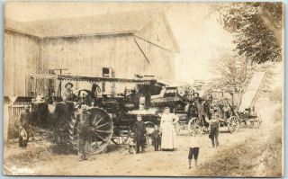 1910s Farming Rppc Real Photo Postcard Farm Scene Steam Tractors Barn / Family