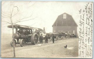 Farming Rppc Real Photo Postcard Steam Tractor Barn Crew 1909 Michigan Cancel