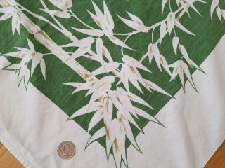 Vintage California Hand Prints Cotton Tablecloth White Green Gold Bamboo 50x56