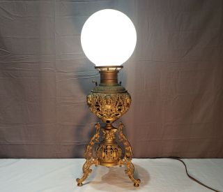 Antique Brass Lamp Bradley And Hubbard Style Electrified Kerosene Parlor Lamp