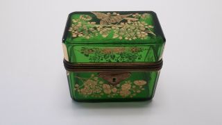 Antique Gold Gilded Birds On Green Glass Ormolu Trinket / Casket Box