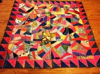 Antique Patch Work Quilt Satin Hand Embroidered Quilt Colorful 60 " X 60 "