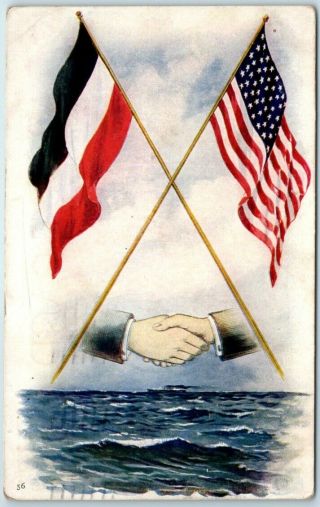 Vintage Patriotic Postcard Hands Across Ocean U.  S.  & Slavic Flag (?) 1907 Cancel