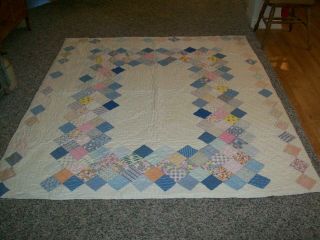 Vintage Hand Pieced Machine Sewn & Quilted 73 X 83 " Multicolored Quilt