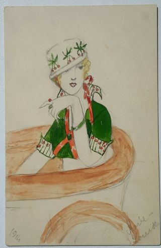 Artist Signed Hand Drawn & Painted Fashion Card,  Woman In Vintage Car,  1914