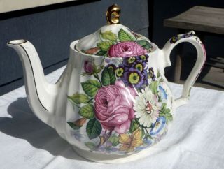 Sadler Windsor 4 - Cup Teapot White Swirl Summer Floral Gold Trim Made In England