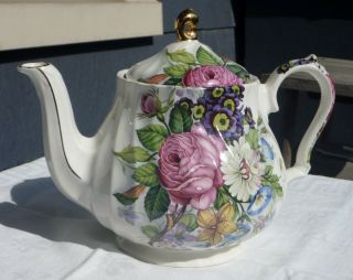 Sadler Windsor 4 - cup Teapot White Swirl Summer Floral Gold Trim Made in England 2