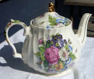 Sadler Windsor 4 - cup Teapot White Swirl Summer Floral Gold Trim Made in England 3