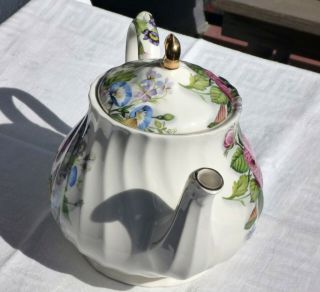 Sadler Windsor 4 - cup Teapot White Swirl Summer Floral Gold Trim Made in England 5