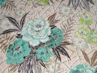 Vtg 50s Barkcloth Cotton Fabric Pink Aqua Chartreuse Flowers 44 " X 3.  3 Yds