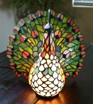 Tiffany Style Peacock Lamp Stained Glass Design With Cobalt Blue Accents 12 "