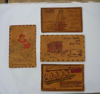 4 Vintage Leather Postcards Pigs Teddy Bear Bathing Beauty Girl Adirondacks