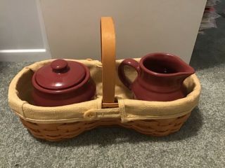 Longaberger Basket With Woven Traditions Paprika Red Sugar And Creamer Good Cond