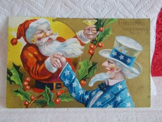 EXTREMELY RARE & DESIRABLE SANTA CLAUS/UNCLE SAM VINTAGE CHRISTMAS POSTCARD,  USE 3