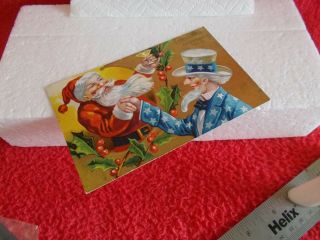 EXTREMELY RARE & DESIRABLE SANTA CLAUS/UNCLE SAM VINTAGE CHRISTMAS POSTCARD,  USE 6