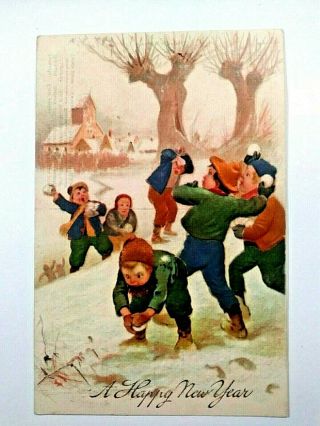 Antique Embossed 1911 " A Happy Year " Group Of Boys In A Snowball Fight Pc
