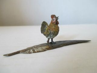 Vintage Austrian Cold Painted Bronze Miniature Rooster Figure On A Feather