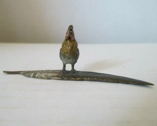 Vintage Austrian Cold Painted Bronze Miniature Rooster Figure on a Feather 2