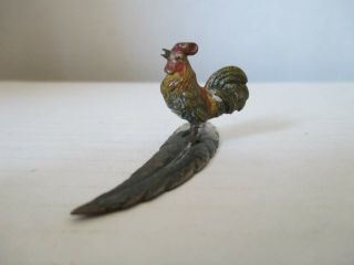 Vintage Austrian Cold Painted Bronze Miniature Rooster Figure on a Feather 3