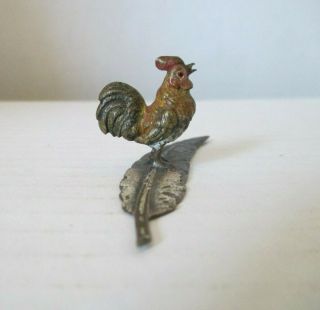 Vintage Austrian Cold Painted Bronze Miniature Rooster Figure on a Feather 5
