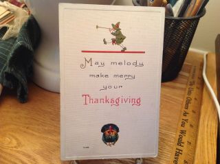 Vintage Thanksgiving Postcard Turkey & Boy With Horn,  " May Melody Make Merry "