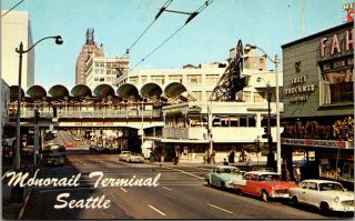 Postcard Wa Seattle Monorail Terminal Pine St Owl Drug Fahey Brockman Clothes