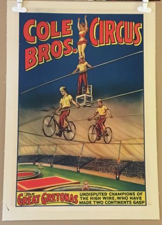Scarce - Cole Bros Circus Poster - Great Gretonas Highwire - Erie Litho