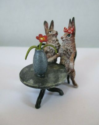Franz Bergmann 2 Rabbits At Table Miniature Austrian Cold Painted Bronze Figure
