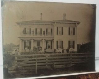 Full Plate Tintype Of.  Victorian White Farmhouse With Two Story Porch & Family