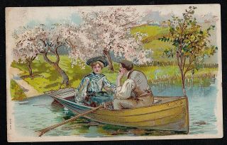 Antique Vintage Postcard Man And Woman Sitting In Canoe 1906