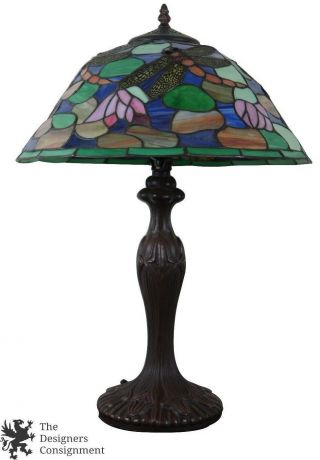 Tiffany Style Leaded Stained Glass Dragonfly Table Lamp Floral Art Deco Base 22 "