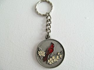 Vintage Cardinal Red Bird Rawcliffe Pewter Keychain 1986 Keyring W Blossoms