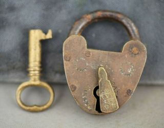 Vintage Antique Brass Iron Padlock Slide With Key Marked " Vr "