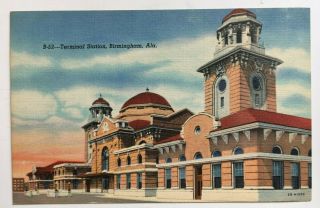 Al Postcard Birmingham Alabama Terminal Station Rr Train Railroad Vintage Linen