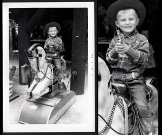 Coin - Op Horse Ride & Toy Gun Cowboy Costume Happy Boy 1957 Vintage Photo